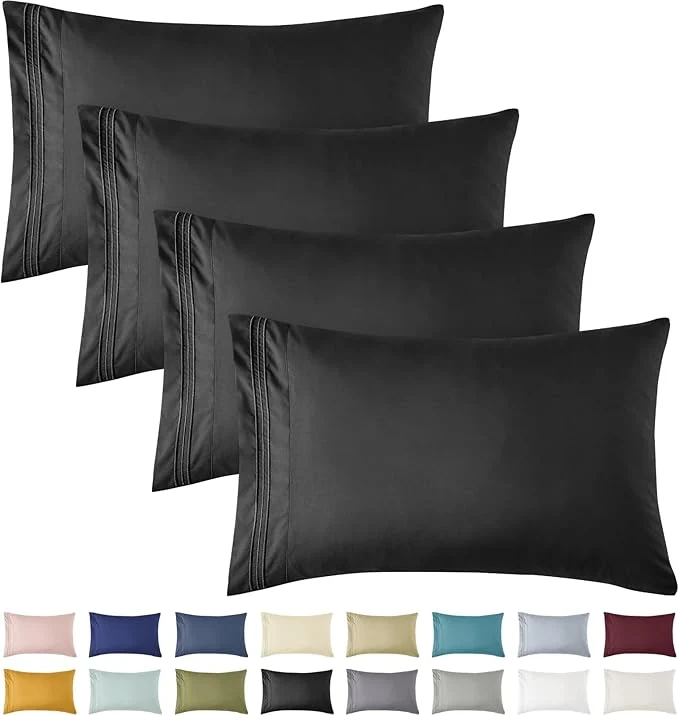 Optimized YIYEA Pillow Cases Queen Size Set of 4 Ultra Soft 1800TC Hotel Quality Double Brushed Microfiber Embroidered Pillowcases Envelope Closure Fade Resistant 20 quot x30 quot Black Powerful