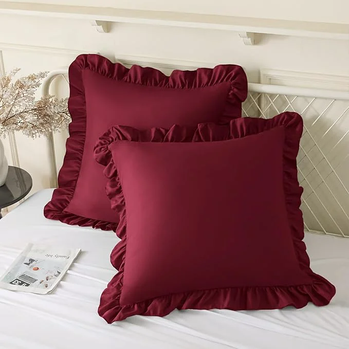 Long-Lasting KKJIAF Ruffle Pillow Cases 18x18 Inches Burgundy Square Ruffled Pillow Covers Set of 2 Microfiber Wrinkle Resistant Pillow Shams with Envelope Closure for Sofa Bed Living Room Fast