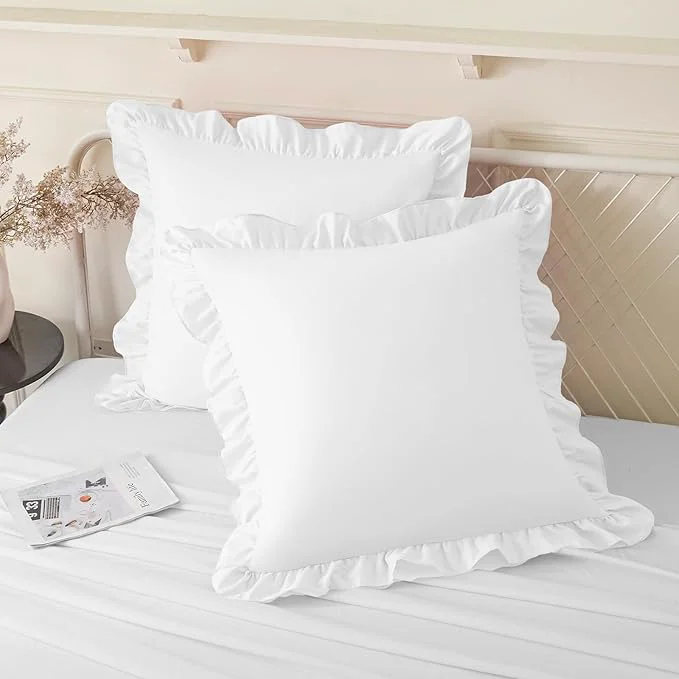 Enhanced KKJIAF Ruffle Pillow Cases 24x24 Inches White Square Ruffled Pillow Covers Set of 2 Microfiber Wrinkle Resistant Pillow Shams with Envelope Closure for Sofa Bed Living Room Carefully Designed