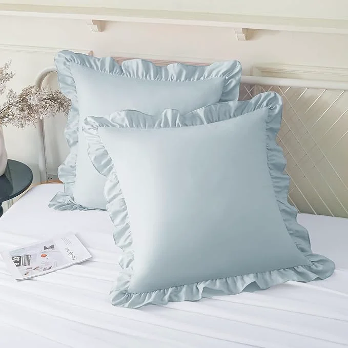 Lightweight KKJIAF Ruffle Pillow Cases 26x26 Inches Dusty Blue Square Ruffled Pillow Covers Set of 2 Microfiber Wrinkle Resistant Pillow Shams with Envelope Closure for Sofa Bed Living Room Convenient