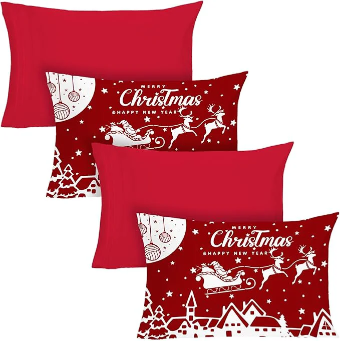 Proven YIYEA Christmas King Size Pillow Cases Set of 4 Ultra Soft Double Brushed Microfiber Red Pillowcases and Christmas Pillow Covers Envelope Closure Fade Resistant 20 quot x36 quot Natural