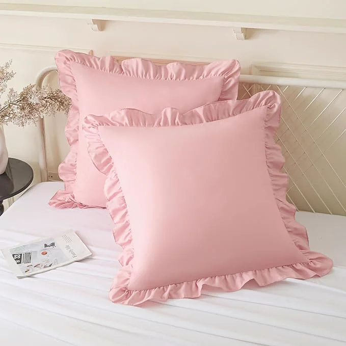 Excellent KKJIAF Ruffle Pillow Cases 26x26 Inches Light Pink Square Ruffled Pillow Covers Set of 2 Microfiber Wrinkle Resistant Pillow Shams with Envelope Closure for Sofa Bed Living Room Optimized
