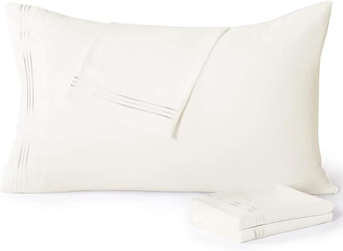 Contemporary YIYEA Pillow Cases Standard Size Set of 4 Ultra Soft 1800TC Hotel Quality Double Brushed Microfiber Embroidered Pillowcases Envelope Closure Fade Resistant 20 quot x26 quot Ivory Sophisticated