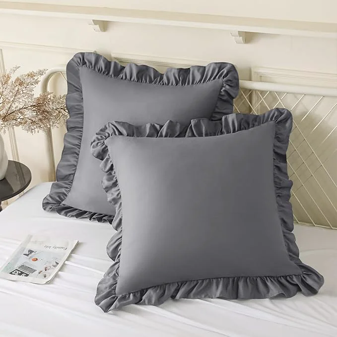 Superior KKJIAF Ruffle Pillow Cases 24x24 Inches Grey Square Ruffled Pillow Covers Set of 2 Microfiber Wrinkle Resistant Pillow Shams with Envelope Closure for Sofa Bed Living Room First-Class