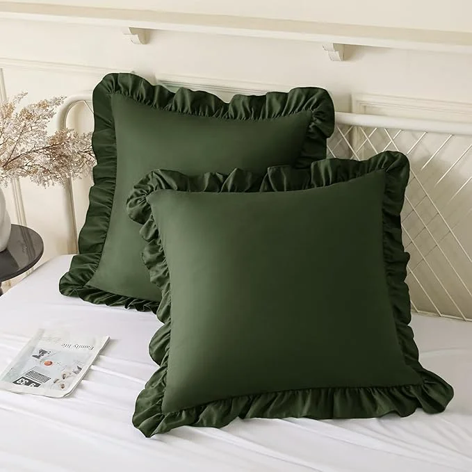 Genuine KKJIAF Ruffle Pillow Cases 18x18 Inches Olive Green Square Ruffled Pillow Covers Set of 2 Microfiber Wrinkle Resistant Pillow Shams with Envelope Closure for Sofa Bed Living Room Recyclable