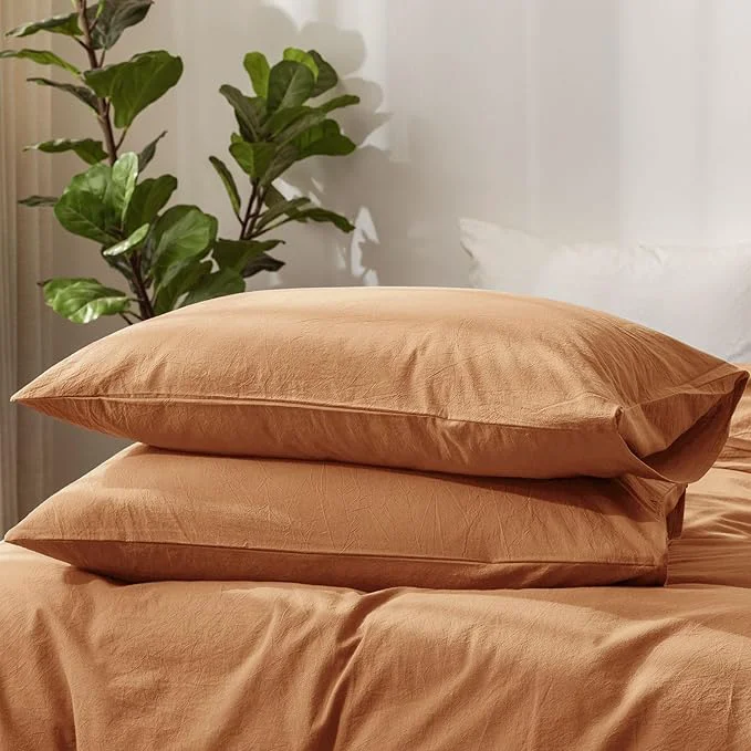 Reliable MooMee Bedding Pillowcases Pack of 2 Washed Cotton Linen Like Textured Breathable Durable Soft Comfy Solid Dark Orange King Pure