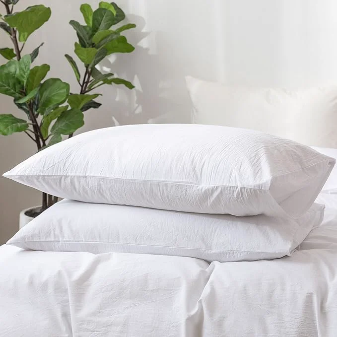 MooMee Bedding Pillowcases Pack of 2 Washed Cotton Linen Like Textured Breathable Durable Soft Comfy Solid Bright White Queen Genuine
