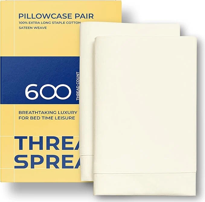 Unique Thread Spread Egyptian Cotton King Size Pillow Cases Set of 2 - Luxury 600 Series Bliss Collection Pillow Cases King Size Ivory Soft Cooling Hotel Cotton Pillowcases Sateen Finish Modern