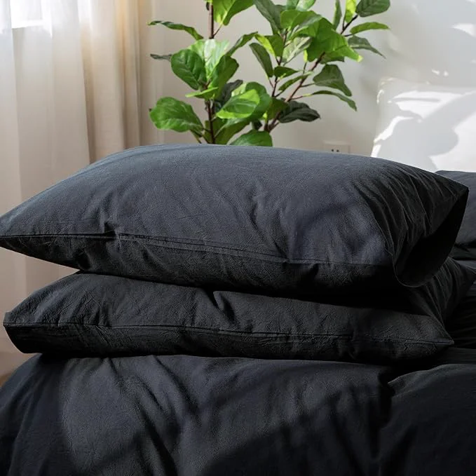 Eco-Friendly MooMee Bedding Pillowcases Pack of 2 Washed Cotton Linen Like Textured Breathable Durable Soft Comfy Solid Black King Lightweight