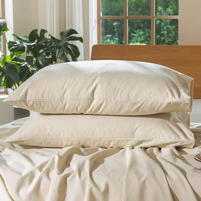 World-Class MooMee Bedding Pillowcases Pack of 2 Washed Cotton Linen Like Textured Breathable Durable Soft Comfy Heathered Almond Milk Grey Queen Outstanding