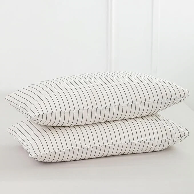 Crafted MooMee Bedding Pillowcases Striped Pack of 2 Washed Cotton Linen Like Textured Breathable Durable Soft Comfy White Dark Grey Wide Stripes Standard Powerful