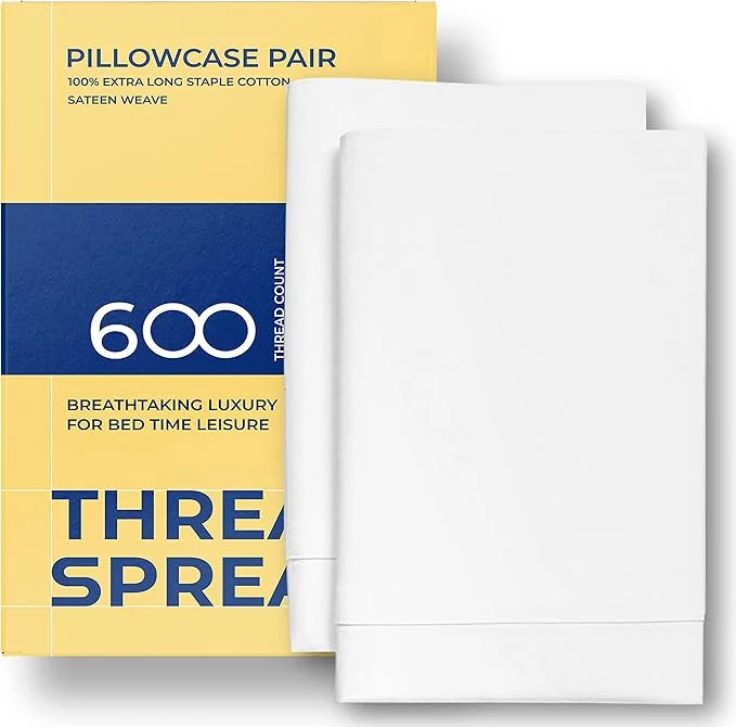 Pure Thread Spread Egyptian Cotton Pillow Cases Queen Size Set of 2 - Luxury 600 Series Bliss Collection Queen Pillow Cases White Soft Cooling Hotel Cotton Pillowcases Sateen Finish Effective