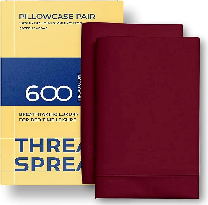 Clean Thread Spread Egyptian Cotton Pillow Cases Queen Size Set of 2 - Luxury 600 Series Bliss Collection Queen Pillow Cases Burgundy Soft Cooling Hotel Cotton Pillowcases Sateen Finish Smooth