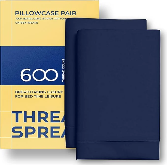Proven Thread Spread Egyptian Cotton King Size Pillow Cases Set of 2 - Luxury 600 Series Bliss Collection Pillow Cases King Size Navy Blue Soft Cooling Hotel Cotton Pillowcases Sateen Finish Excellent