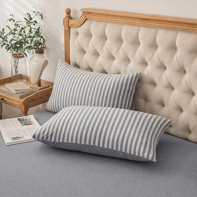 Secure PURE ERA Jersey Knit Pillowcases T-Shirt Cotton Super Soft Comfy Breathable Set of 2 Queen 20 quot x 30 quot Heather Blueish Grey Stripe Superior