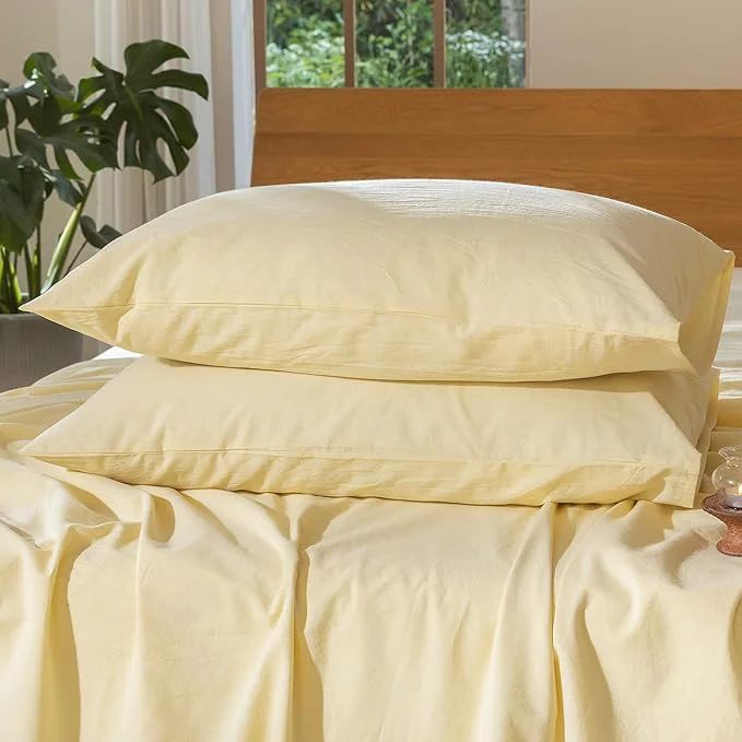 Relaxed MooMee Bedding Pillowcases Pack of 2 Washed Cotton Linen Like Textured Breathable Durable Soft Comfy Heathered Butter Yellow Standard Luxury