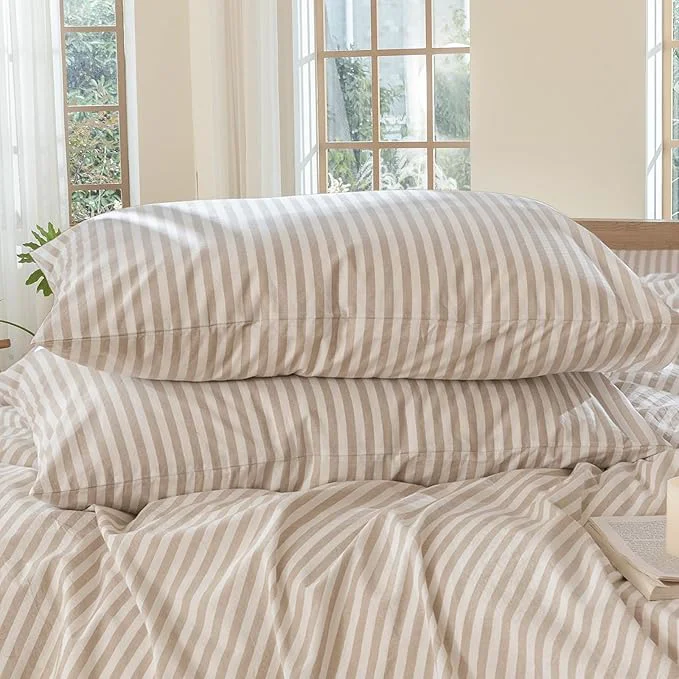Specialty MooMee Bedding Pillowcases Striped Pack of 2 Washed Cotton Linen Like Textured Breathable Durable Soft Comfy Tannish Linen Grey White Classic Stripes King Authentic