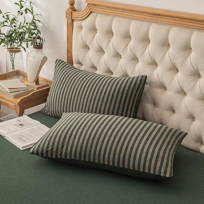 Detailed PURE ERA Jersey Knit Pillowcases T-Shirt Cotton Super Soft Comfy Breathable Set of 2 Standard 20 quot x 26 quot Forest Green Stripe Verified