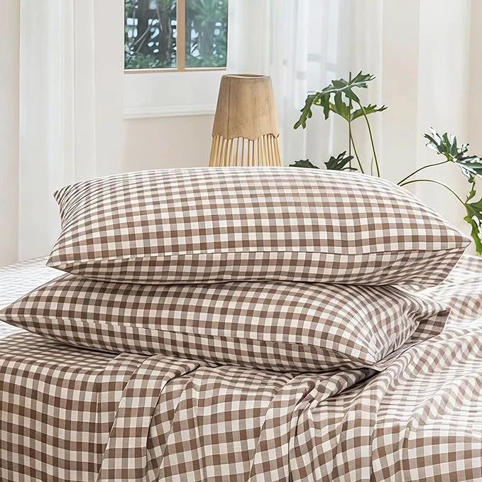 Premium MooMee Bedding Pillowcases Gingham Pack of 2 Washed Cotton Linen Like Textured Breathable Durable Soft Comfy Classic Gingham Brown King Practical