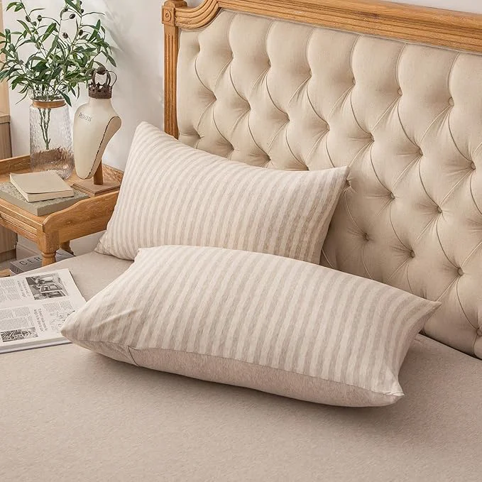 Reusable PURE ERA Jersey Knit Pillowcases T-Shirt Cotton Super Soft Comfy Breathable Set of 2 Standard 20 quot x 26 quot Heather Beige Stripe Dependable