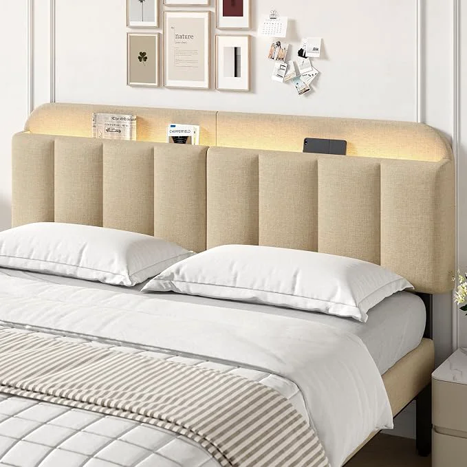 Casual King Size Adjustable Headboard Upholstered Headboard with Storage APP Controlled LED Light Padded Head Board Only Sturdy Metal Foot Frame Vertical Channel Design for Bedroom Beige Breathable