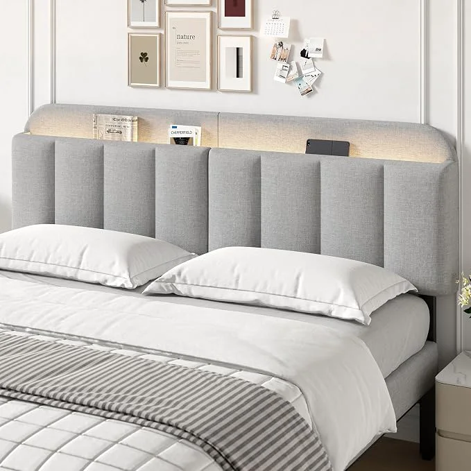 Sustainable King Size Adjustable Headboard Upholstered Headboard with Storage APP Controlled LED Light Padded Head Board Only Sturdy Metal Foot Frame Vertical Channel Design for Bedroom Grey Flexible