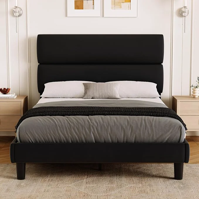 Fast GRUSIGN Full Size Platform Bed Frame with Velvet Headboard Adjustable Height Wooden Slats Support Upholstered Mattress Foundation Fits Mattress or Mattress with Box Spring Easy Assembly Black Efficient