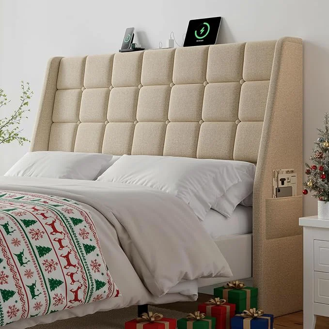 Convenient Ergonomic Upholstered Headboard Queen Size w Charging Station Linen Wingback Headboards w Storage Pocket Queen Headboard Only Bed Frame Adapters Sturdy Stable Solid Wood Bed Head Board Beige Crafted