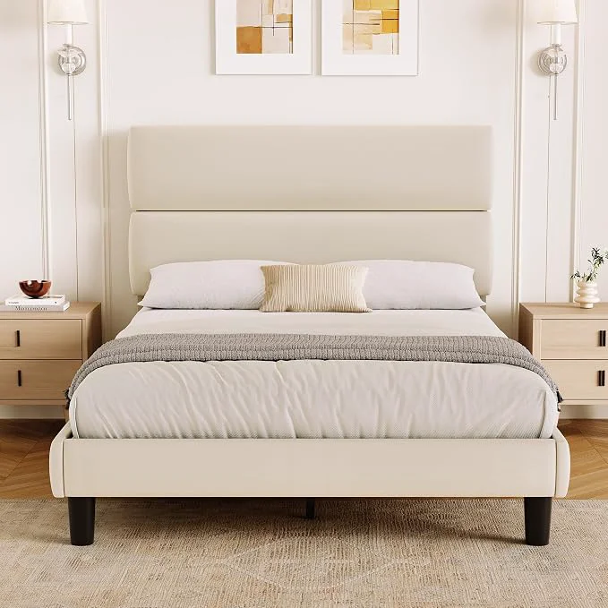 Safe GRUSIGN Full Size Platform Bed Frame with Velvet Headboard Adjustable Height Wooden Slats Support Upholstered Mattress Foundation Fits Mattress or Mattress with Box Spring Easy Assembly Beige Specialty