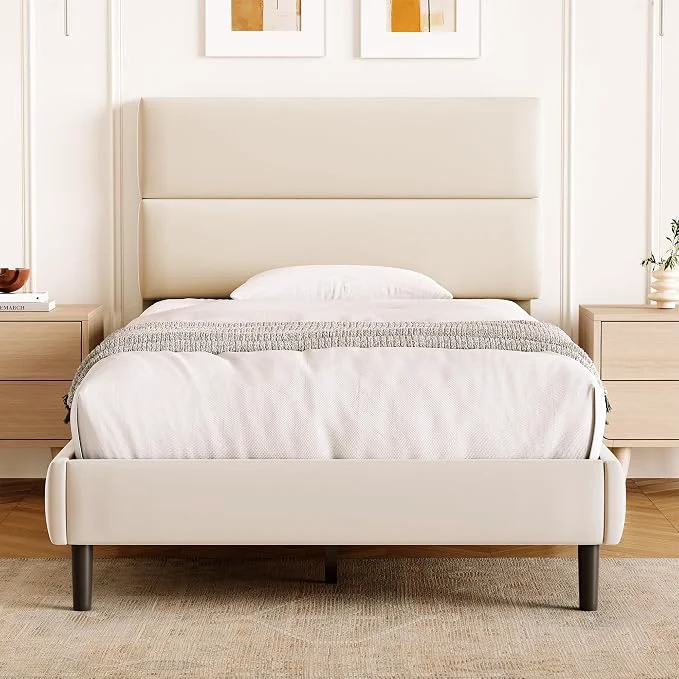 Stylish GRUSIGN Twin Size Platform Bed Frame with Velvet Headboard Adjustable Height Wooden Slats Support Upholstered Mattress Foundation Fits Mattress or Mattress with Box Spring Easy Assembly Beige Original