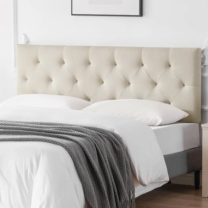 World-Class Linen Headboard King Size Adjustable Height Headboard 37-51 in Beige Diamond Tufting Solid Wood King Headboards Durable Metal Legs Upholstered King Head Board for Bed Frame Modern Fabric Functional