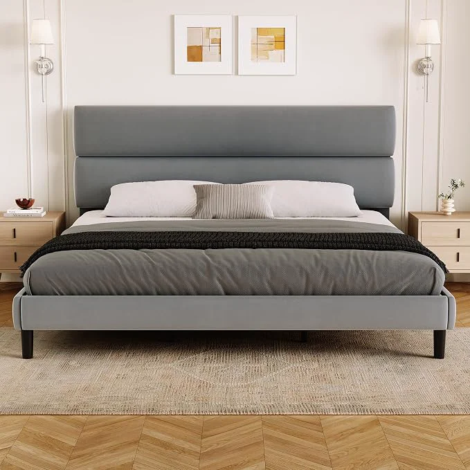 Elite GRUSIGN King Size Platform Bed Frame with Velvet Headboard Adjustable Height Wooden Slats Support Upholstered Mattress Foundation Fits Mattress or Mattress with Box Spring Easy Assembly Grey Detailed