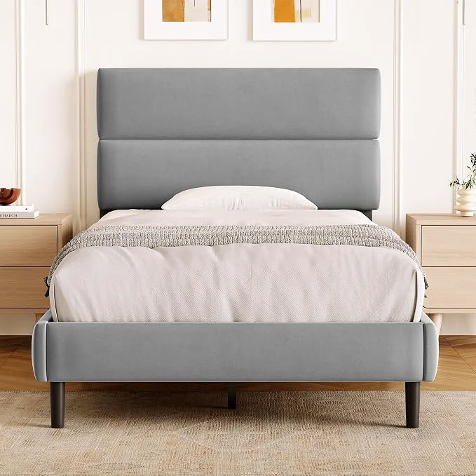 Detailed GRUSIGN Twin Size Platform Bed Frame with Velvet Headboard Adjustable Height Wooden Slats Support Upholstered Mattress Foundation Fits Mattress or Mattress with Box Spring Easy Assembly Grey High-End