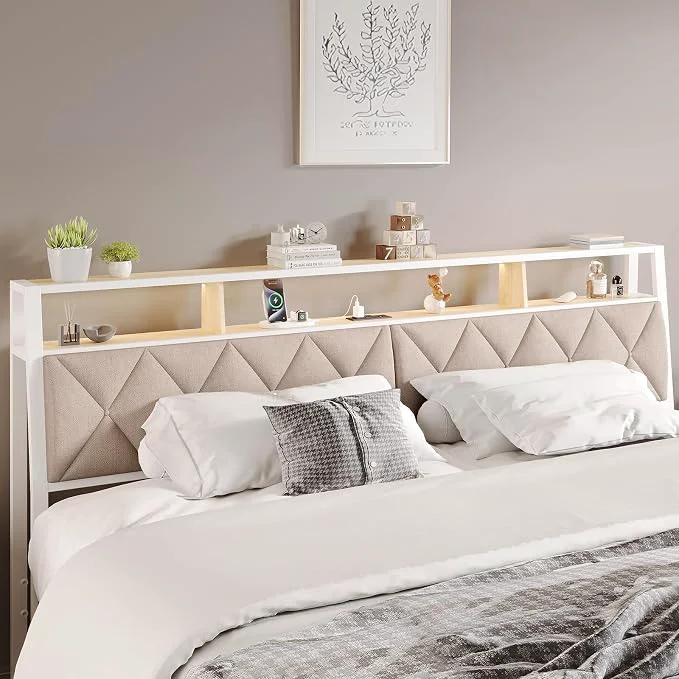 Secure King Headboard Only Headboard for King Size Bed with Storage Upholstered Headboards with LED Lights amp Charging Station Attach Frame I for Bedroom Dorm Guest Room White amp Beige Exceptional