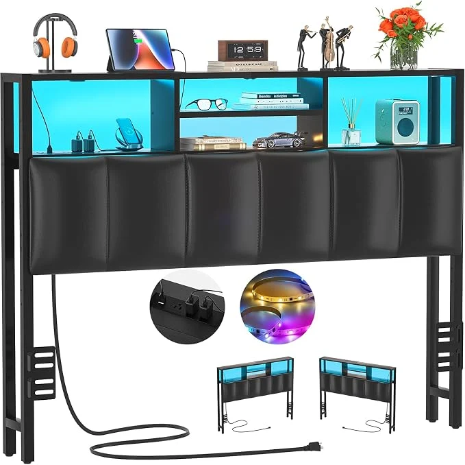 Exceptional Aheaplus Headboard for Full Size Bed with Storage Upholstered Headboards with Outlets USB Ports and LED Light Reversible Full Size Head Board Height Adjustable Comfortable Headboard Black High-Quality