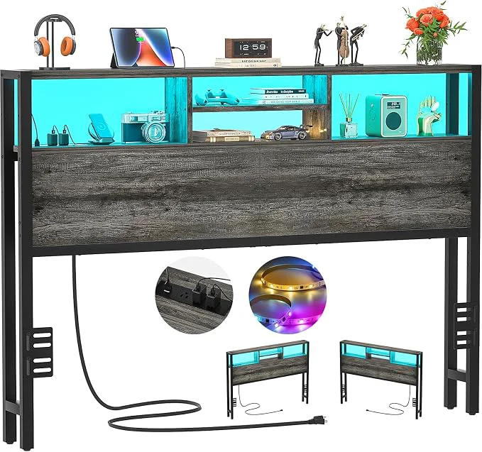 Natural Aheaplus Headboard for Queen Size Bed with Storage Headboards with Outlets USB Ports and LED Light Queen Size Head Board Only Height Adjustable Reversible Sturdy and Stable Headboard Black Oak Organic