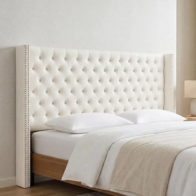 Powerful Madison Park Queen Wingback Upholstered Tufted Headboard Featuring High-Density Sponge Padding Adjustable Height Headboard Easy Assembly Beige Velvet Luxury