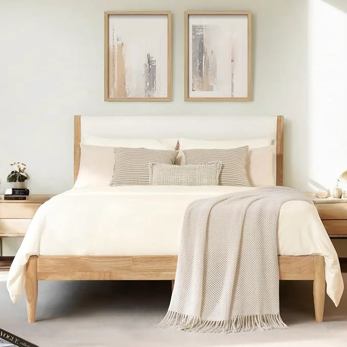 Eco-Friendly KISLOT Wood Bed Frame with Upholstered Headboard Cream Queen Wooden Platform Silent Slat Support Mattress Foundation No Box Spring Needed Easy Assembly Effective
