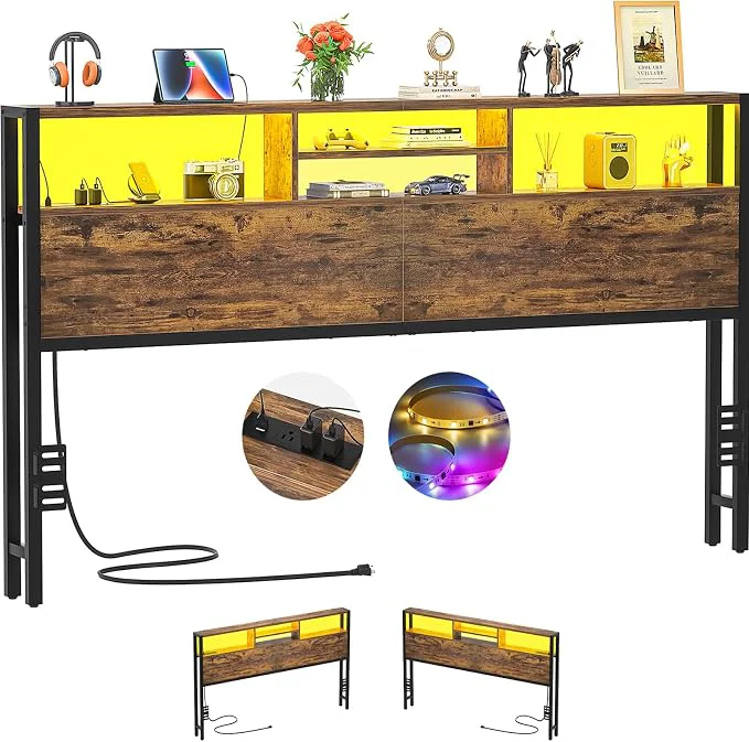 Easy-to-Use Aheaplus Headboard for King Size Bed with Storage Headboards with Outlets USB Ports and LED Light King Size Head Board Height Adjustable Reversible Sturdy and Stable Headboard Rustic Brown Verified