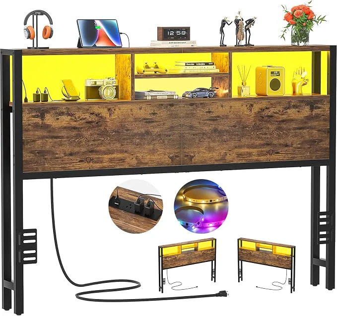 Sustainable Aheaplus Headboard for Queen Size Bed with Storage Headboards with Outlets USB Ports and LED Light Queen Head Board Only Height Adjustable Reversible Sturdy and Stable Headboard Rustic Brown Unique