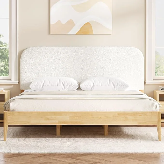 Fashionable KISLOT Wood Bed Frame with USB amp Type-C Boucle Headboard Cream King Platform Bed Mattress Foundation No Box Spring Needed Easy Assembly Lightweight