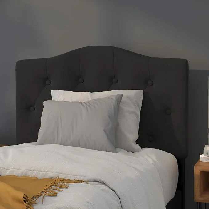 Stylish EMMA OLIVER Twin Size Tufted Upholstered Headboard with Adjustable Metal Bed Rail Slots Modern Fabric Upholstered Twin Headboard Black Refined