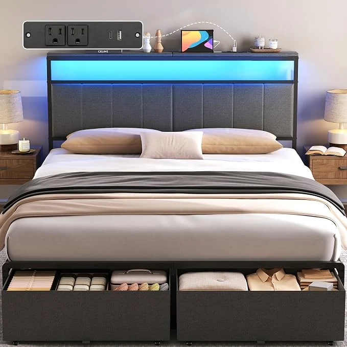 Fine Queen Bed Frame with 2 Storage Drawers Grey Upholstered Headboard with Charging Station and LED Lights Metal Platform Bed with Storage Shelf Noise No Box Spring Needed Clean
