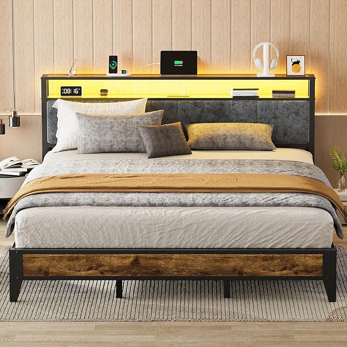 Lightweight OLE King Bed Frame with Headboard Metal Platform Bed King Size with 2-Tier Storage LED Light amp Charging Station Type C No Box Spring Needed Easy Assembly Fashionable