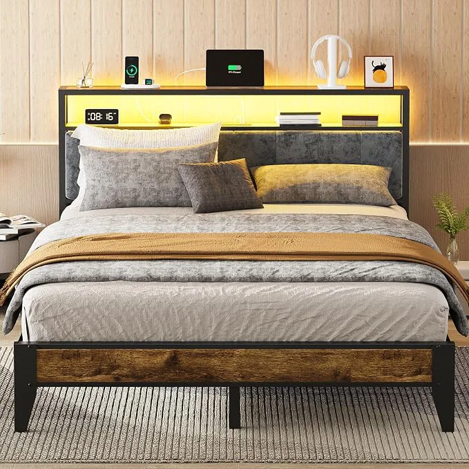 Exclusive OLE Queen Size Bed Frame with Charging Station amp LED Light 2-Tier Storage Headboard amp Footboard Noise- Metal Platform Bed No Box Spring Needed Easy Assembly Premium Material