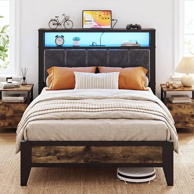 Functional OLE Twin Bed Frame with LED Light Storage Headboard and Charging Station Type C Metal Platform Bed Twin Size No Box Spring Needed Noise Easy Assembly Trusted