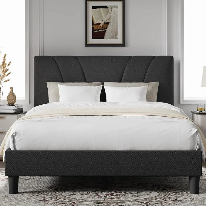 Green Novilla Full Size Bed Frame with Adjustable Headboard Platform Full Bed Frame with Linen Upholstered Headboard No Box Spring Needed Noise- Easy Assembly Dark Grey Modern