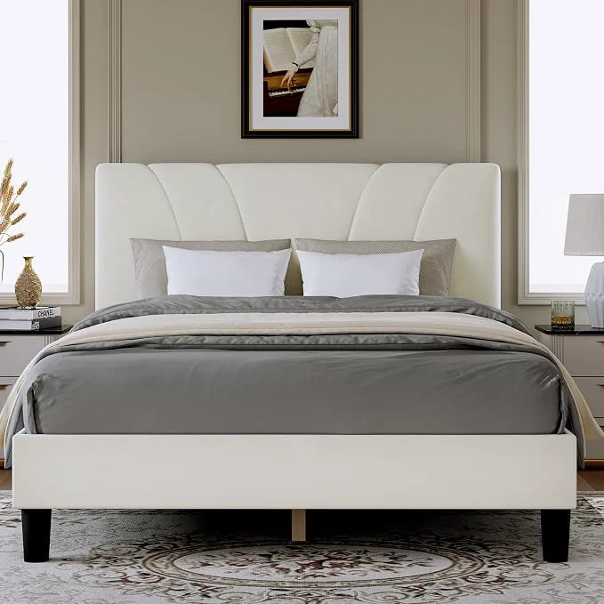 Stylish Novilla King Bed Frame and Headboard King Bed Frame Velvet Upholstered Bed Frames No Box Spring Needed Heavy Duty Feet Easy Assembly White Velvet Relaxed