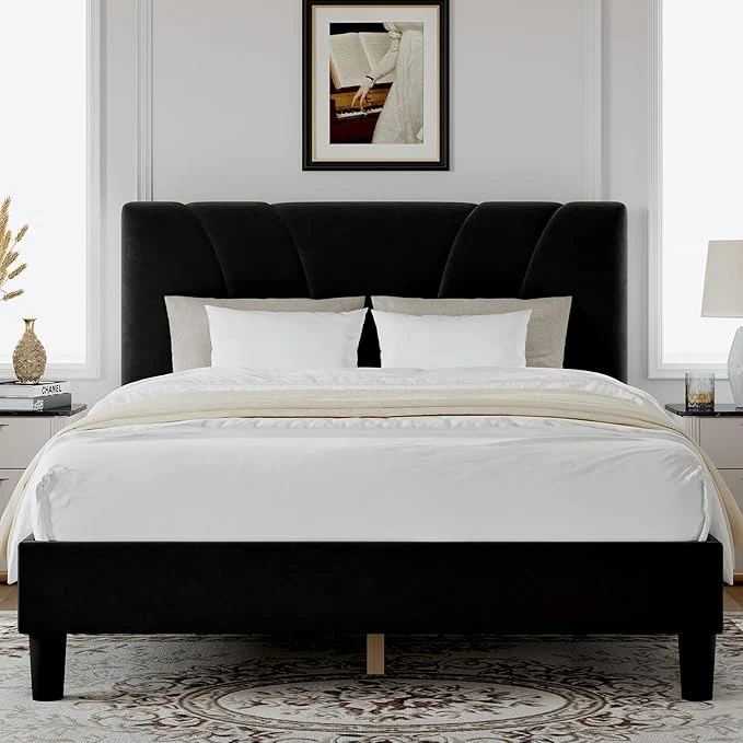 Premium Material Novilla Full Size Bed Frame with Headboard Full Bed Frame with Wooden Slats Support Velvet Upholstered Headboard No Box Spring Needed Heavy Duty Feet Easy Assembly Black Velvet Luxury