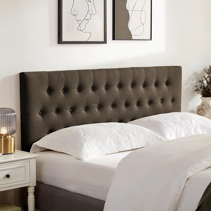 Trendy Tufted Upholstered Headboard Queen Size Adjustable Height 37- 51 in Brown Sturdy and Durable Solid Wood Bed Headboard Fabric Queen Headboard Only Modern Button Diamond Design Head Board Contemporary